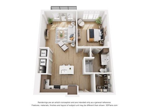 Floor plan for 1 bed, 1 bath, 882 sqft